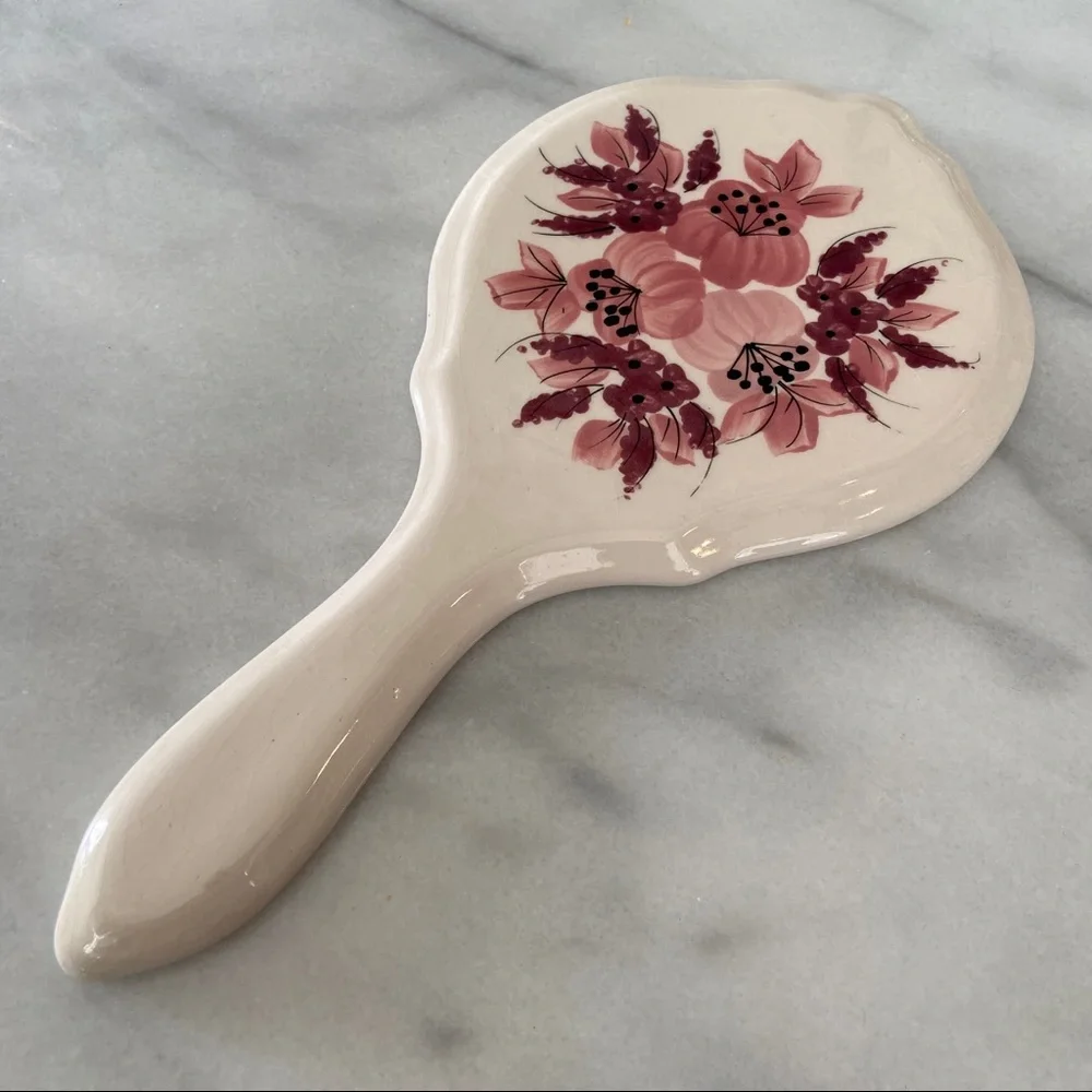 VINTAGE •Cottagecore Ceramic Hand-mirror Floral Hand Painted Vanity Antique